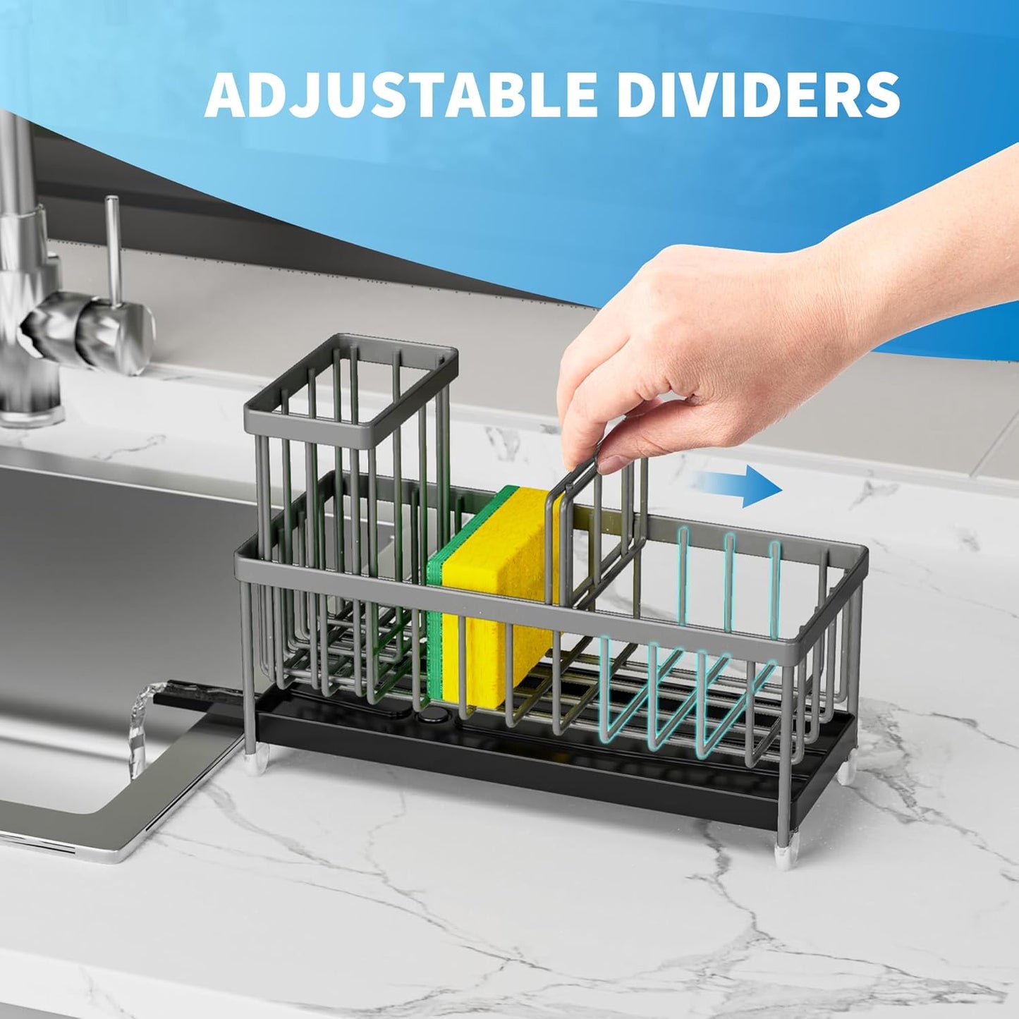 Cisily Sponge Holder for Kitchen Sink, Sink Caddy Organizer with High Brush Holder, Kitchen Countertop Organizers and Storage Essentials, Rustproof 304 Stainless Steel (Yellow, 9.25″)