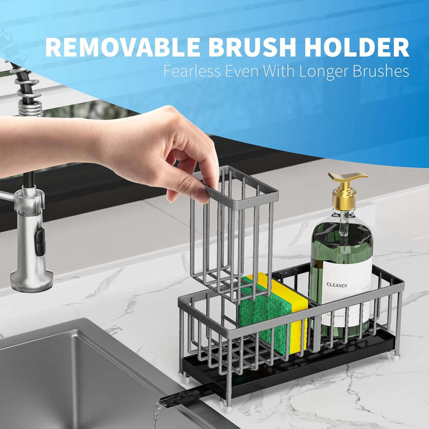 Cisily Sponge Holder for Kitchen Sink, Sink Caddy Organizer with High Brush Holder, Kitchen Countertop Organizers and Storage Essentials, Rustproof 304 Stainless Steel (Yellow, 9.25″)