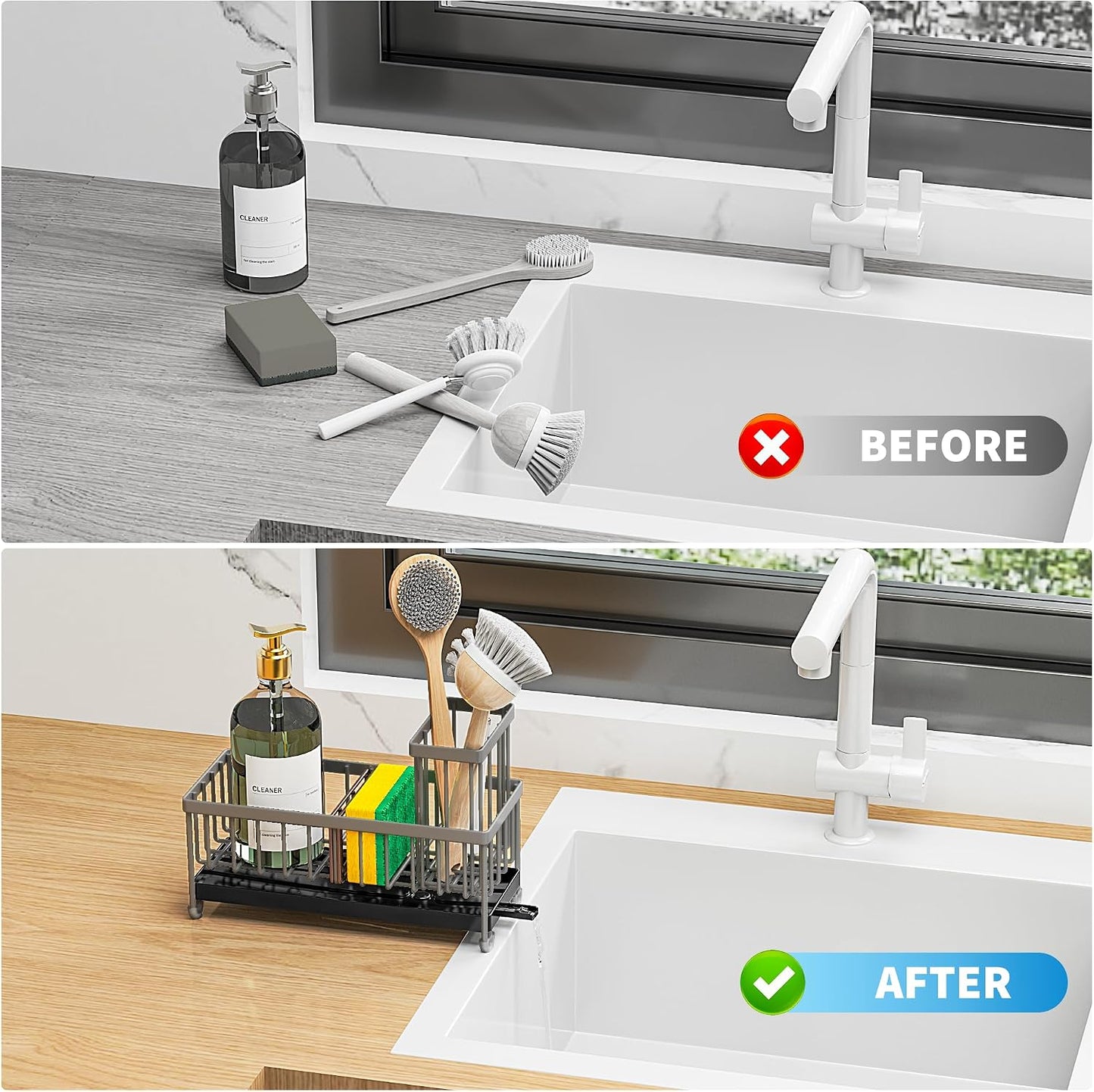 Cisily Sponge Holder for Kitchen Sink, Sink Caddy Organizer with High Brush Holder, Kitchen Countertop Organizers and Storage Essentials, Rustproof 304 Stainless Steel (Yellow, 9.25″)