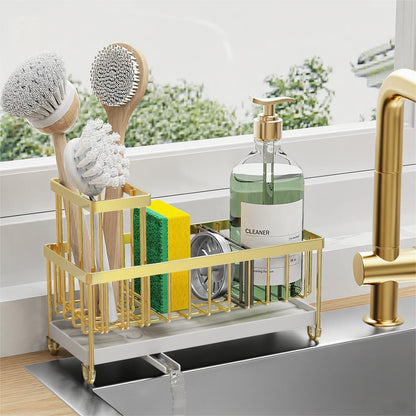 Cisily Sponge Holder for Kitchen Sink, Sink Caddy Organizer with High Brush Holder, Kitchen Countertop Organizers and Storage Essentials, Rustproof 304 Stainless Steel (Yellow, 9.25″)