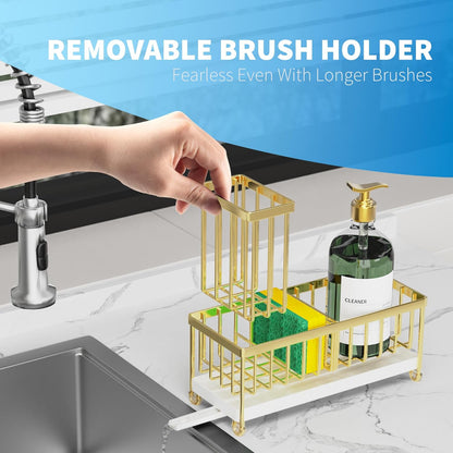 Cisily Sponge Holder for Kitchen Sink, Sink Caddy Organizer with High Brush Holder, Kitchen Countertop Organizers and Storage Essentials, Rustproof 304 Stainless Steel (Yellow, 9.25″)