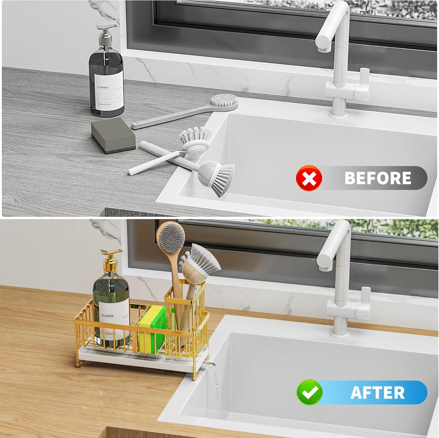 Cisily Sponge Holder for Kitchen Sink, Sink Caddy Organizer with High Brush Holder, Kitchen Countertop Organizers and Storage Essentials, Rustproof 304 Stainless Steel (Yellow, 9.25″)