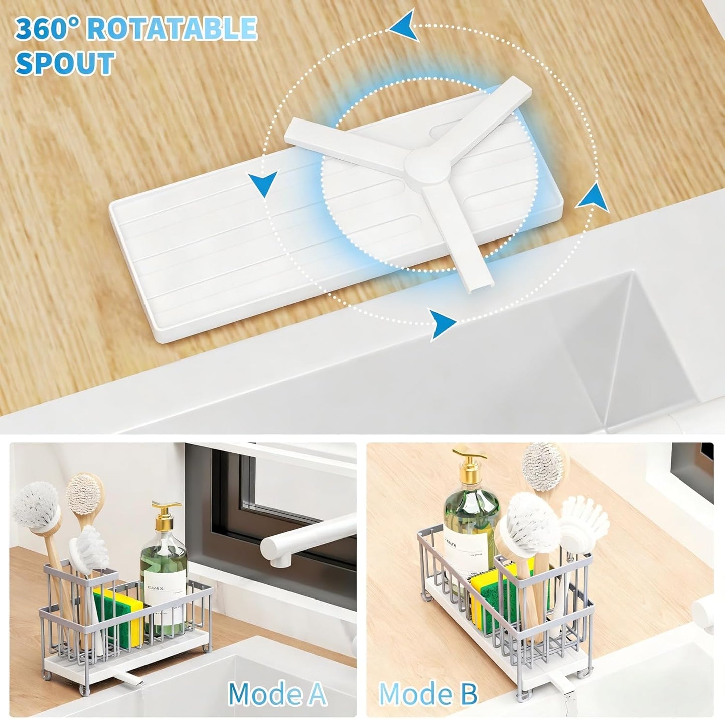 Cisily Sponge Holder for Kitchen Sink, Sink Caddy Organizer with High Brush Holder, Kitchen Countertop Organizers and Storage Essentials, Rustproof 304 Stainless Steel (Yellow, 9.25″)