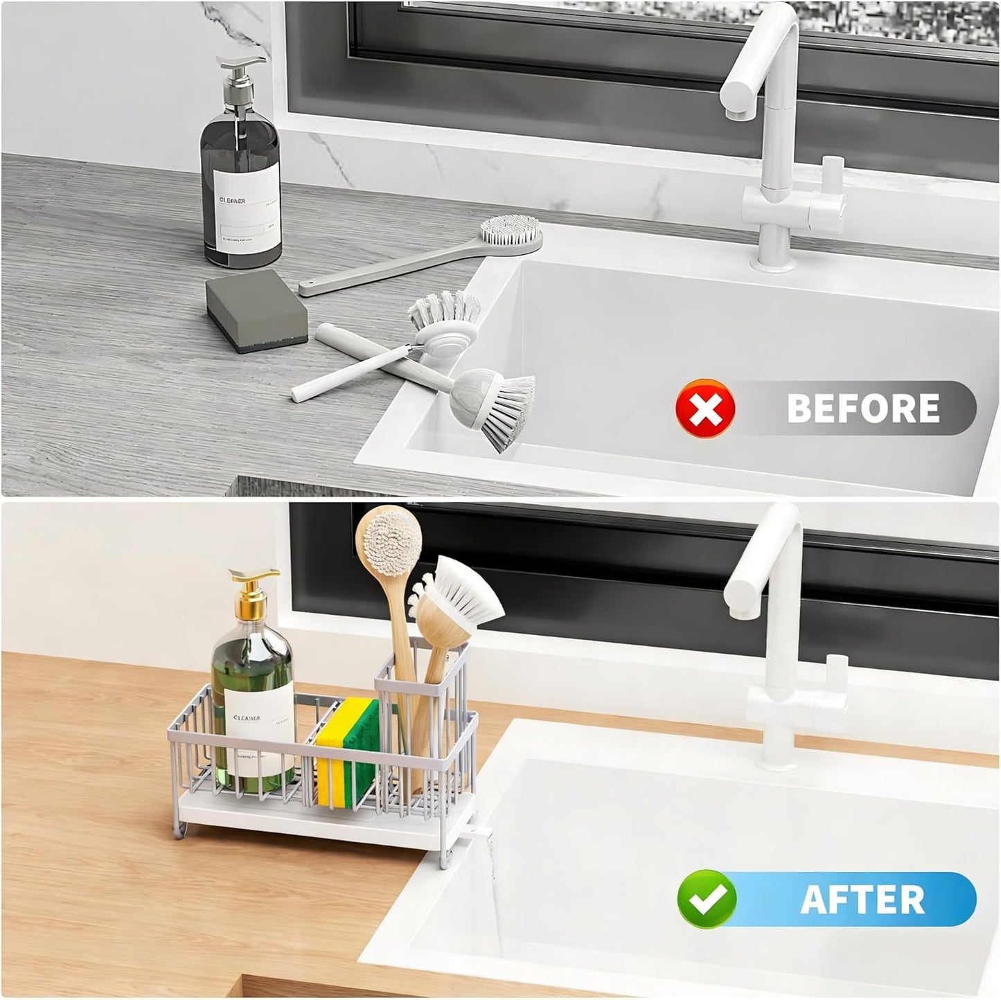 Cisily Sponge Holder for Kitchen Sink, Sink Caddy Organizer with High Brush Holder, Kitchen Countertop Organizers and Storage Essentials, Rustproof 304 Stainless Steel (Yellow, 9.25″)