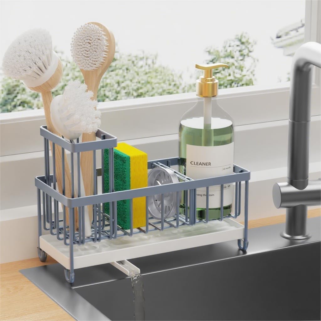 Cisily Sponge Holder for Kitchen Sink, Sink Caddy Organizer with High Brush Holder, Kitchen Countertop Organizers and Storage Essentials, Rustproof 304 Stainless Steel (Yellow, 9.25″)