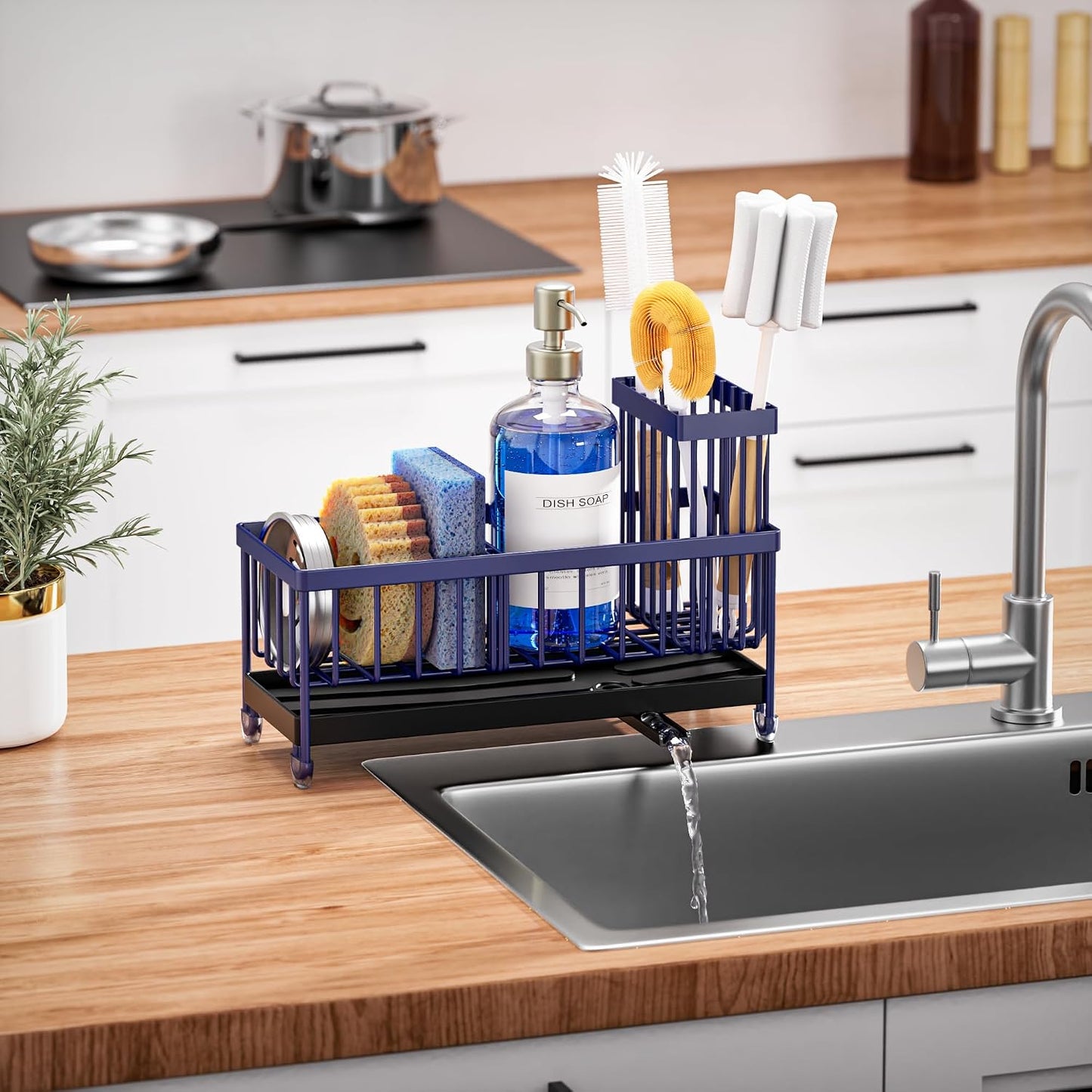 Cisily Sponge Holder for Kitchen Sink, Sink Caddy Organizer with High Brush Holder, Kitchen Countertop Organizers and Storage Essentials, Rustproof 304 Stainless Steel (Yellow, 9.25″)