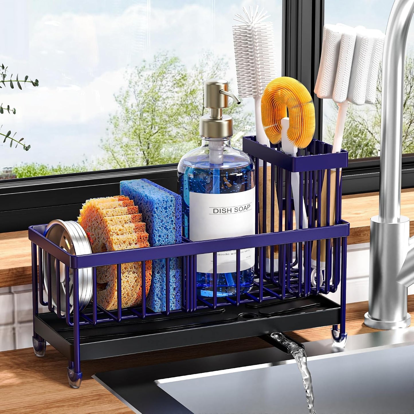 Cisily Sponge Holder for Kitchen Sink, Sink Caddy Organizer with High Brush Holder, Kitchen Countertop Organizers and Storage Essentials, Rustproof 304 Stainless Steel (Yellow, 9.25″)