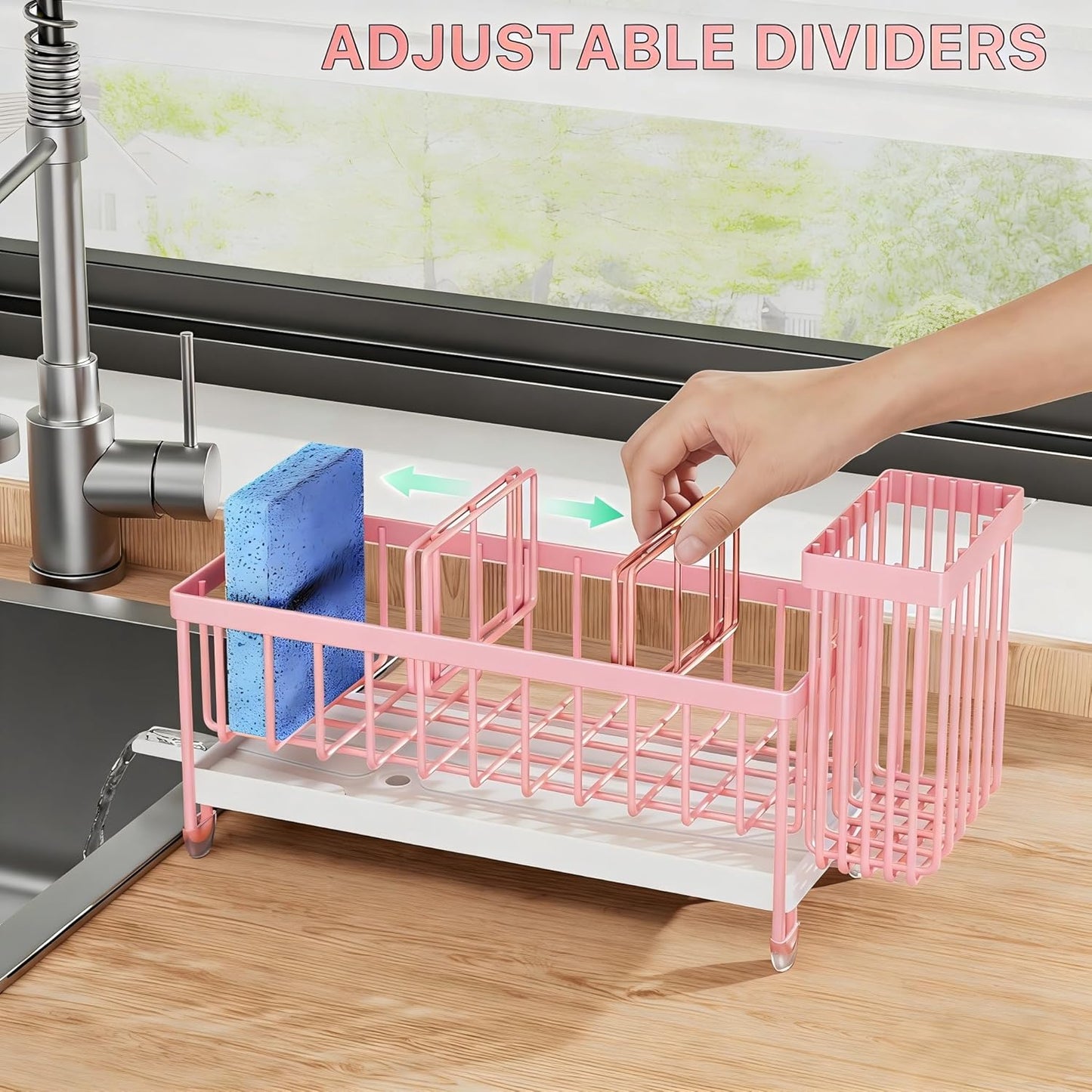 Cisily Sponge Holder for Kitchen Sink, Sink Caddy Organizer with High Brush Holder, Kitchen Countertop Organizers and Storage Essentials, Rustproof 304 Stainless Steel (Yellow, 9.25″)