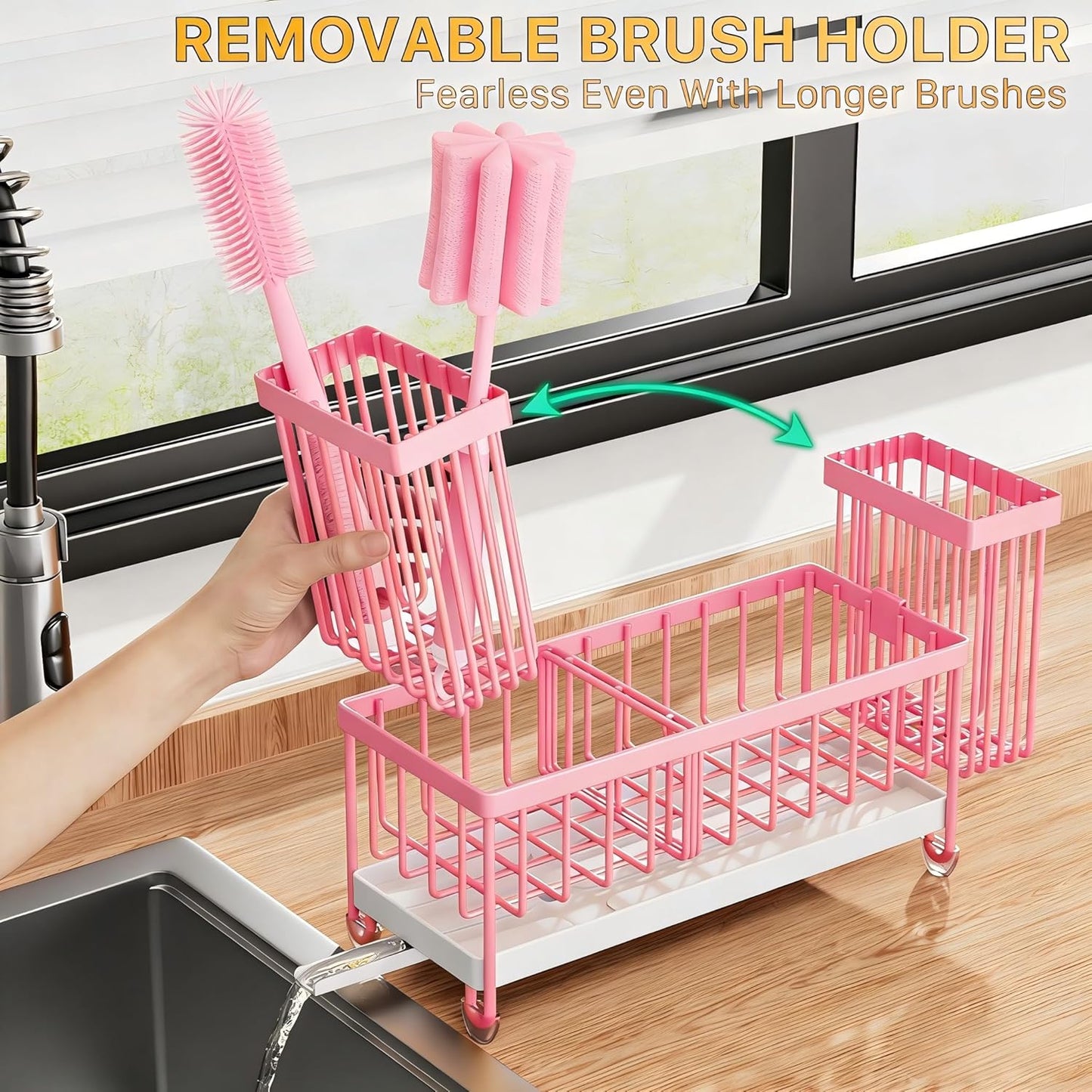 Cisily Sponge Holder for Kitchen Sink, Sink Caddy Organizer with High Brush Holder, Kitchen Countertop Organizers and Storage Essentials, Rustproof 304 Stainless Steel (Yellow, 9.25″)