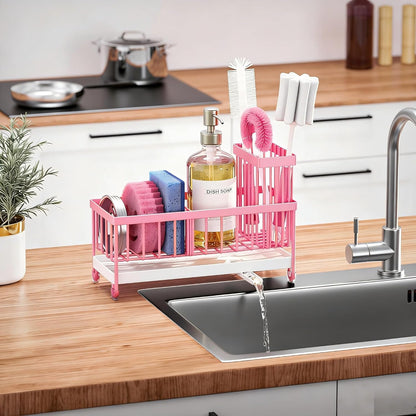 Cisily Sponge Holder for Kitchen Sink, Sink Caddy Organizer with High Brush Holder, Kitchen Countertop Organizers and Storage Essentials, Rustproof 304 Stainless Steel (Yellow, 9.25″)