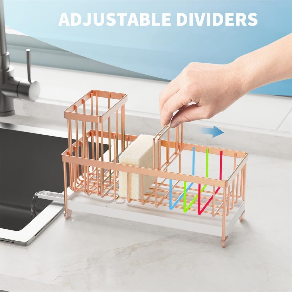 Cisily Sponge Holder for Kitchen Sink, Sink Caddy Organizer with High Brush Holder, Kitchen Countertop Organizers and Storage Essentials, Rustproof 304 Stainless Steel (Yellow, 9.25″)