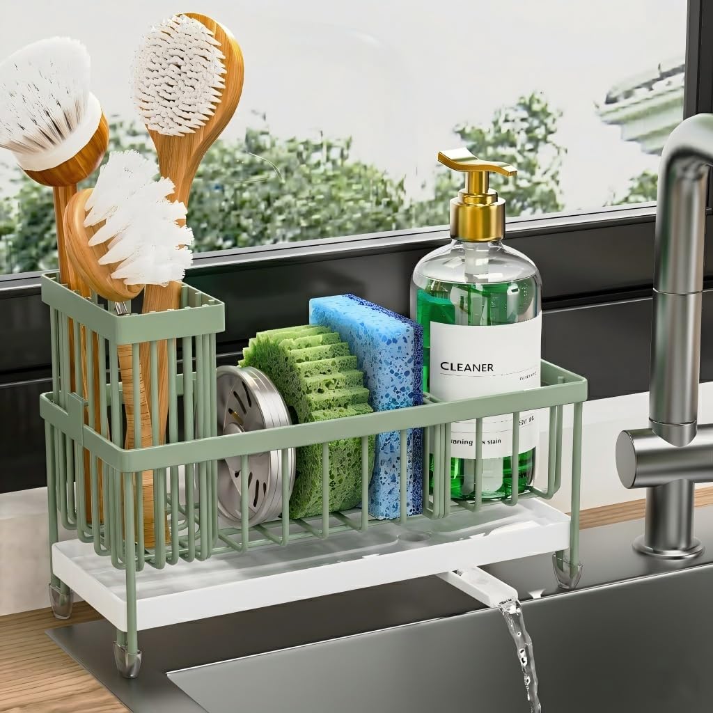 Cisily Sponge Holder for Kitchen Sink, Sink Caddy Organizer with High Brush Holder, Kitchen Countertop Organizers and Storage Essentials, Rustproof 304 Stainless Steel (Yellow, 9.25″)