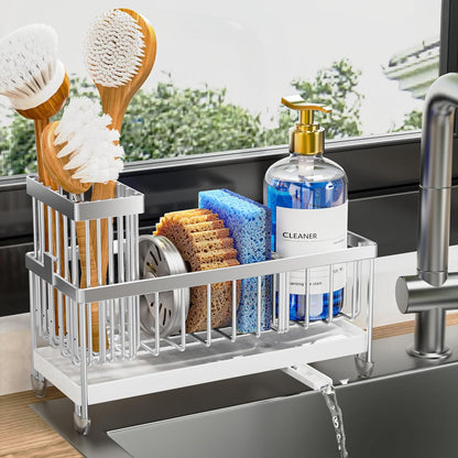 Cisily Sponge Holder for Kitchen Sink, Sink Caddy Organizer with High Brush Holder, Kitchen Countertop Organizers and Storage Essentials, Rustproof 304 Stainless Steel (Yellow, 9.25″)
