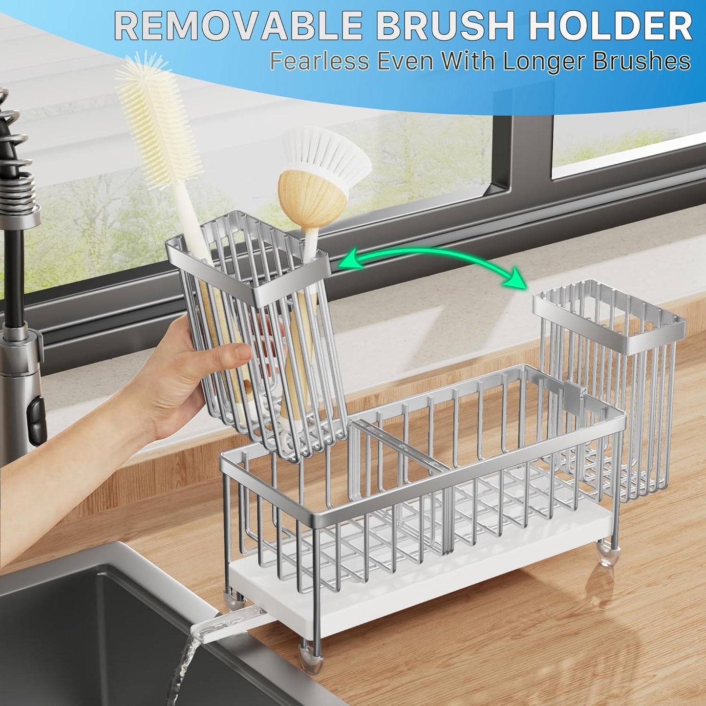 Cisily Sponge Holder for Kitchen Sink, Sink Caddy Organizer with High Brush Holder, Kitchen Countertop Organizers and Storage Essentials, Rustproof 304 Stainless Steel (Yellow, 9.25″)