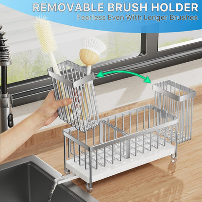 Cisily Sponge Holder for Kitchen Sink, Sink Caddy Organizer with High Brush Holder, Kitchen Countertop Organizers and Storage Essentials, Rustproof 304 Stainless Steel (Yellow, 9.25″)