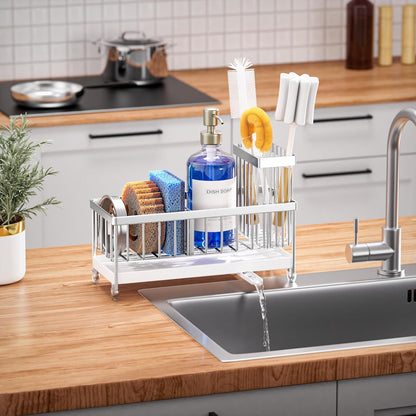 Cisily Sponge Holder for Kitchen Sink, Sink Caddy Organizer with High Brush Holder, Kitchen Countertop Organizers and Storage Essentials, Rustproof 304 Stainless Steel (Yellow, 9.25″)