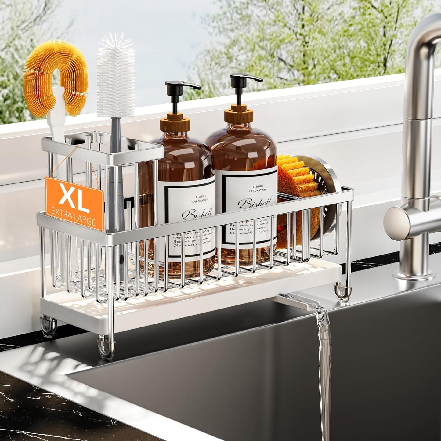 Cisily Sponge Holder for Kitchen Sink, Sink Caddy Organizer with High Brush Holder, Kitchen Countertop Organizers and Storage Essentials, Rustproof 304 Stainless Steel (Yellow, 9.25″)