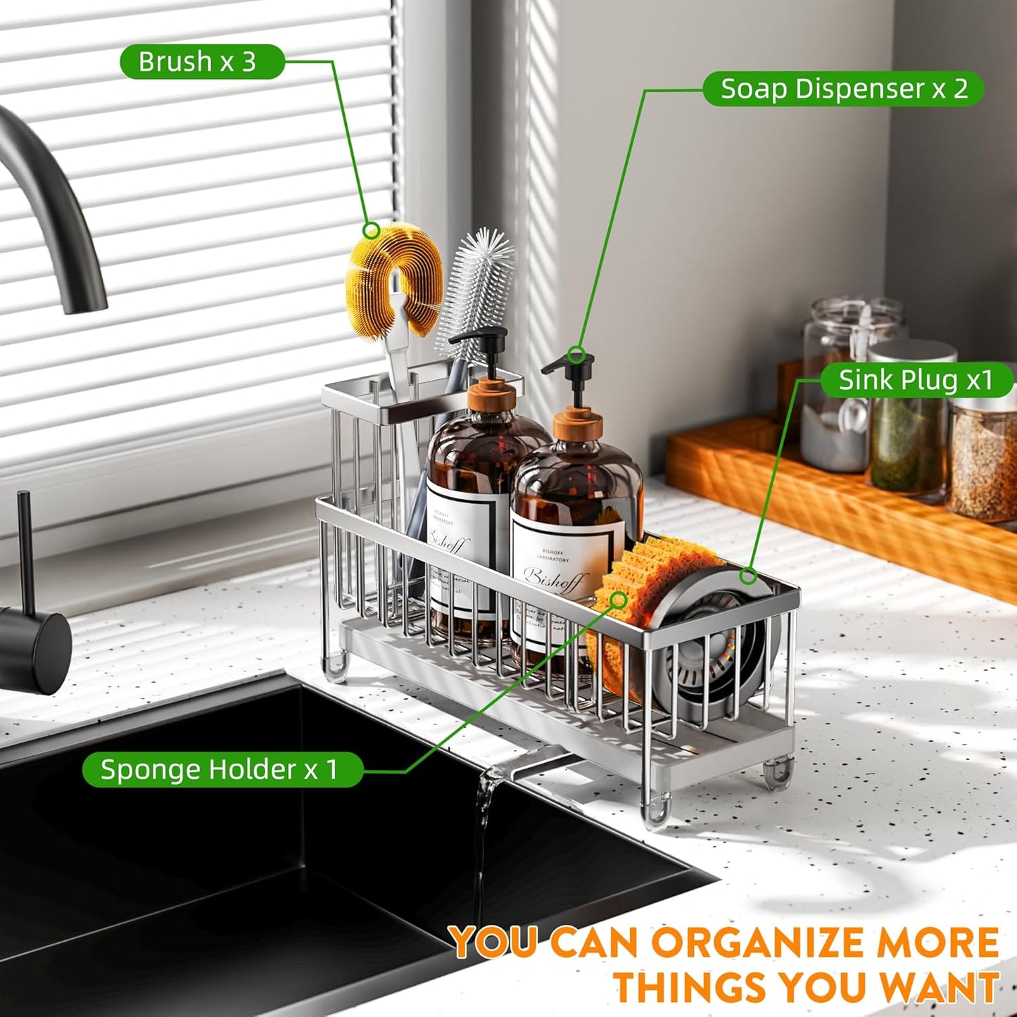 Cisily Sponge Holder for Kitchen Sink, Sink Caddy Organizer with High Brush Holder, Kitchen Countertop Organizers and Storage Essentials, Rustproof 304 Stainless Steel (Yellow, 9.25″)