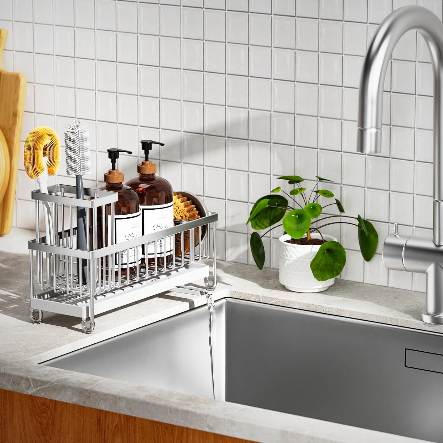 Cisily Sponge Holder for Kitchen Sink, Sink Caddy Organizer with High Brush Holder, Kitchen Countertop Organizers and Storage Essentials, Rustproof 304 Stainless Steel (Yellow, 9.25″)