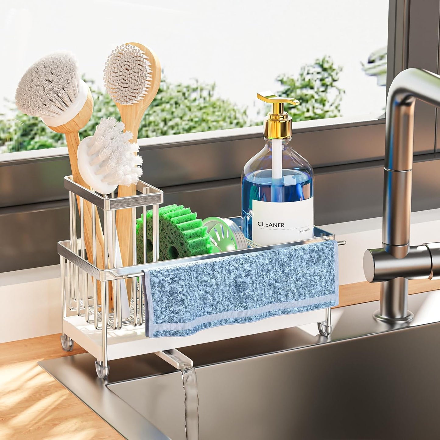 Cisily Sponge Holder for Kitchen Sink, Sink Caddy Organizer with High Brush Holder, Kitchen Countertop Organizers and Storage Essentials, Rustproof 304 Stainless Steel (Yellow, 9.25″)