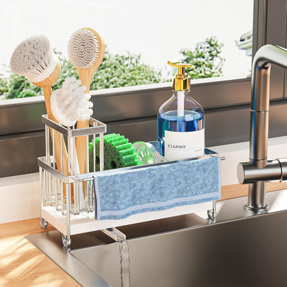 Cisily Sponge Holder for Kitchen Sink, Sink Caddy Organizer with High Brush Holder, Kitchen Countertop Organizers and Storage Essentials, Rustproof 304 Stainless Steel (Yellow, 9.25″)