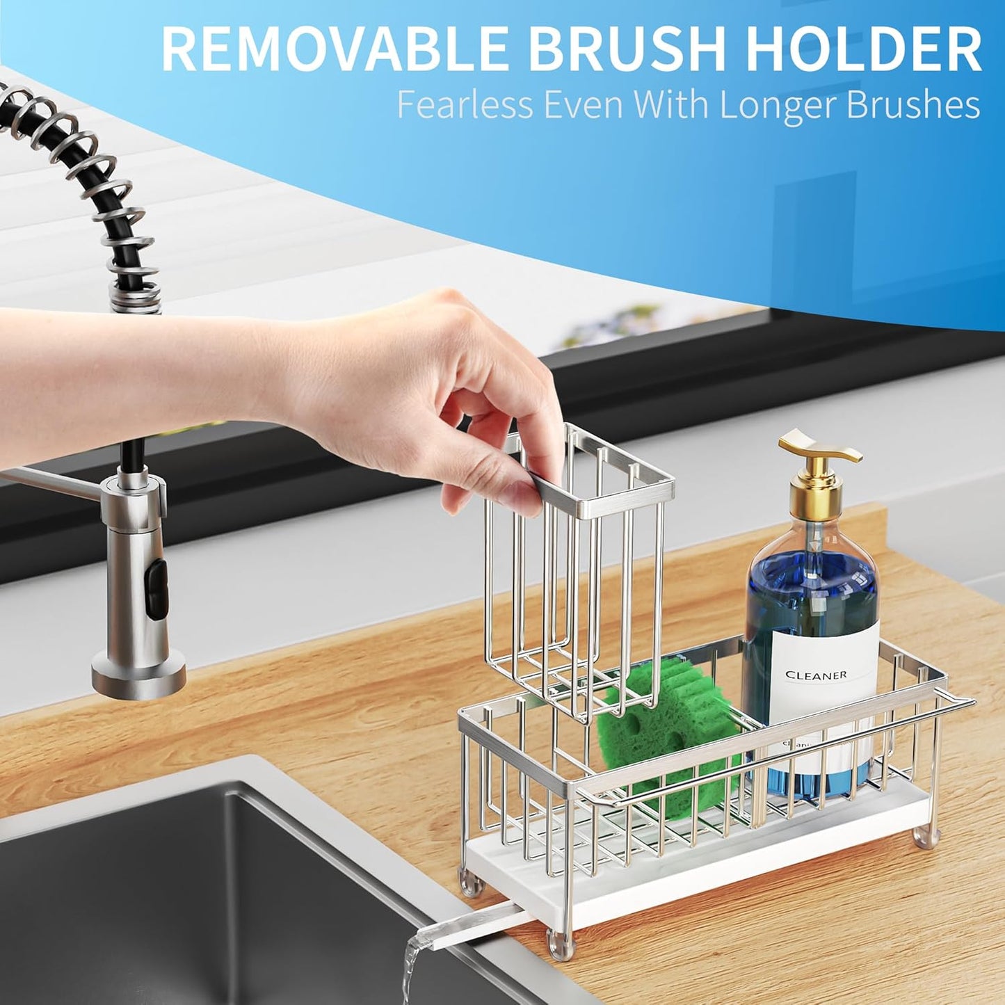 Cisily Sponge Holder for Kitchen Sink, Sink Caddy Organizer with High Brush Holder, Kitchen Countertop Organizers and Storage Essentials, Rustproof 304 Stainless Steel (Yellow, 9.25″)