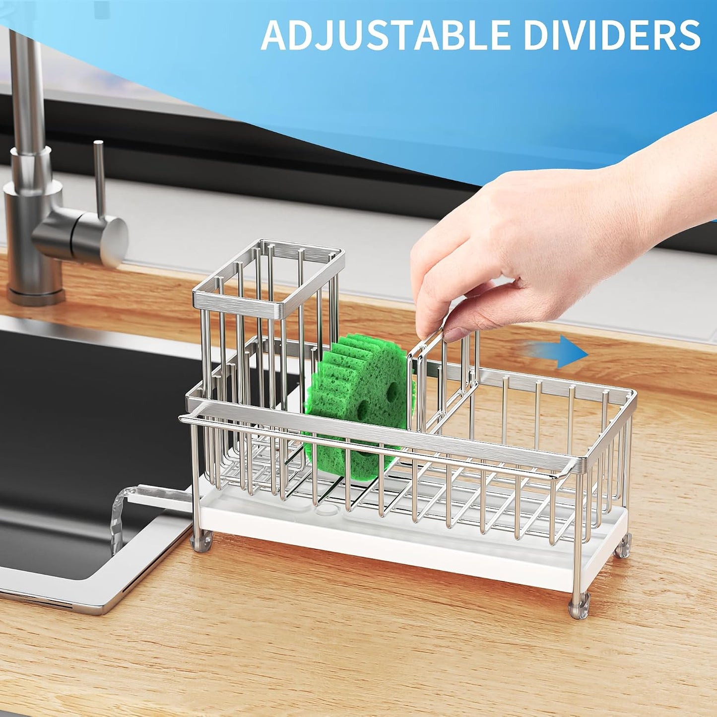 Cisily Sponge Holder for Kitchen Sink, Sink Caddy Organizer with High Brush Holder, Kitchen Countertop Organizers and Storage Essentials, Rustproof 304 Stainless Steel (Yellow, 9.25″)