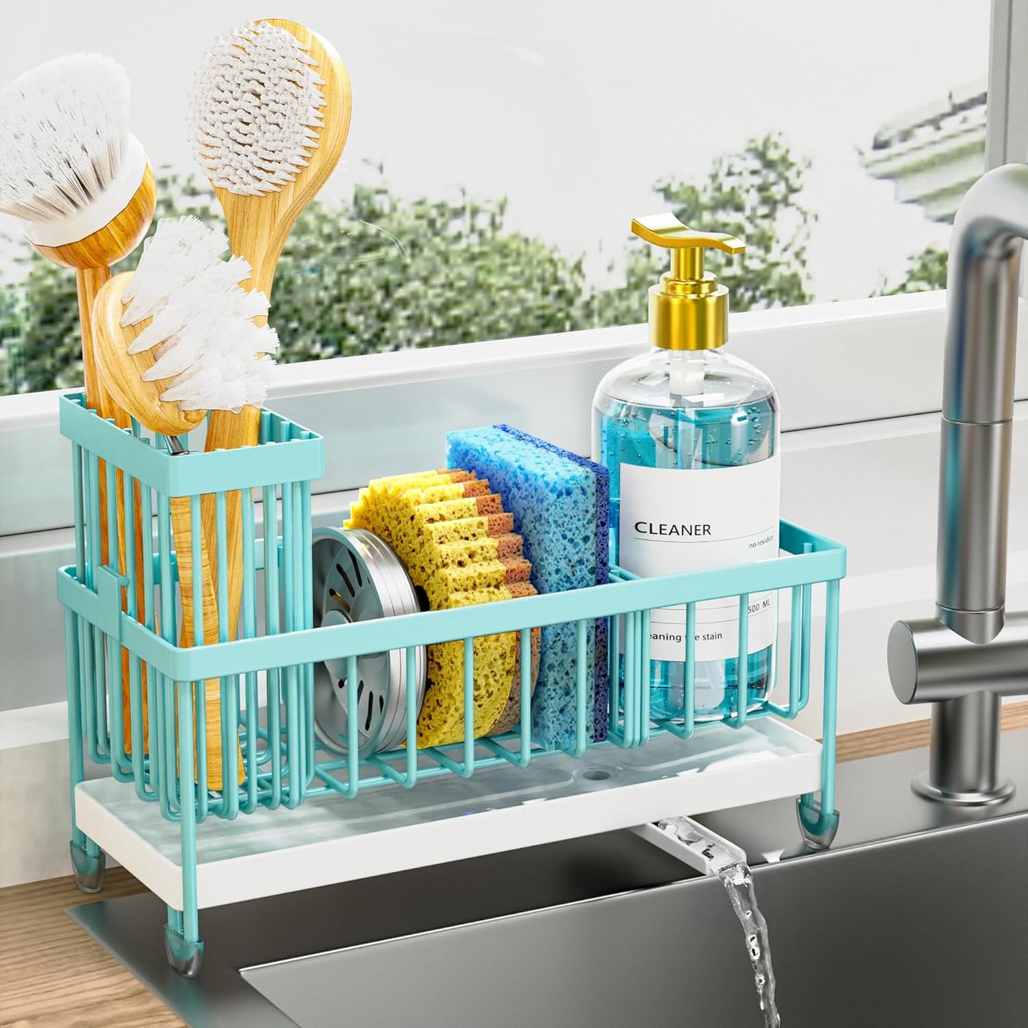 Cisily Sponge Holder for Kitchen Sink, Sink Caddy Organizer with High Brush Holder, Kitchen Countertop Organizers and Storage Essentials, Rustproof 304 Stainless Steel (Yellow, 9.25″)