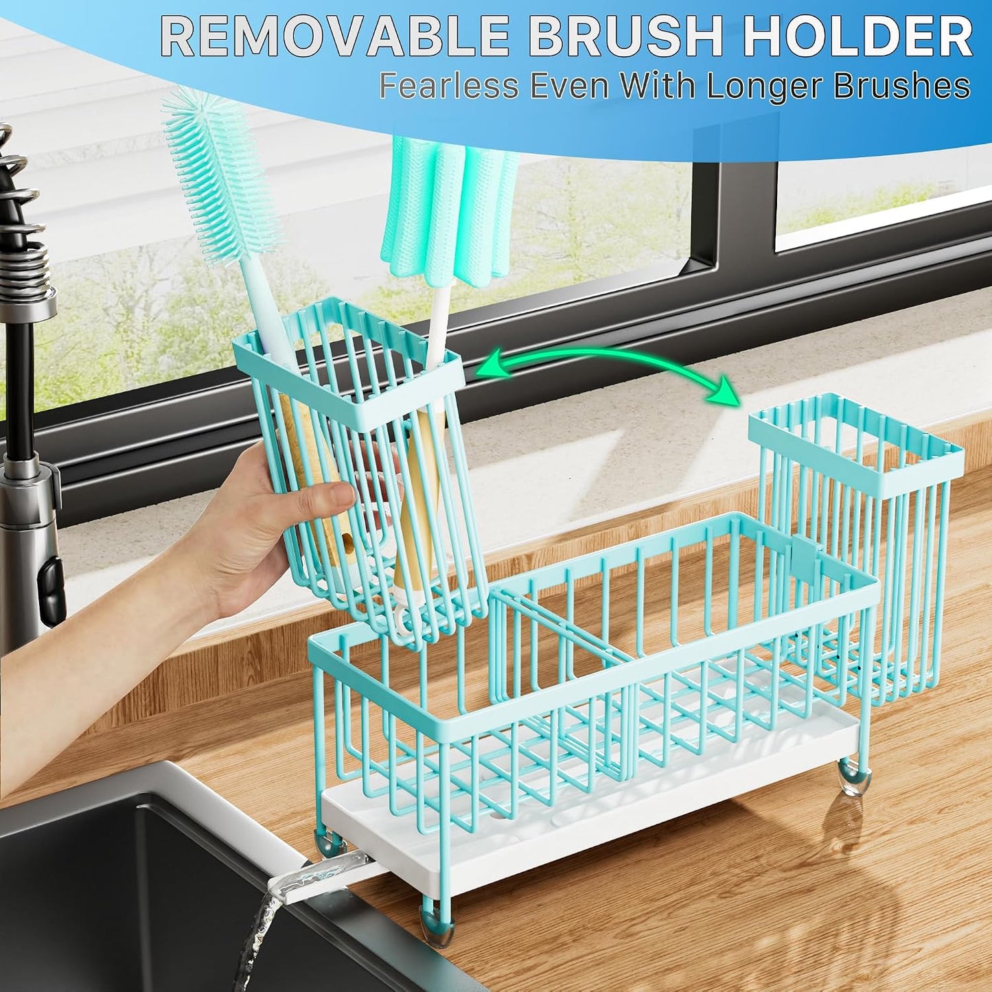 Cisily Sponge Holder for Kitchen Sink, Sink Caddy Organizer with High Brush Holder, Kitchen Countertop Organizers and Storage Essentials, Rustproof 304 Stainless Steel (Yellow, 9.25″)