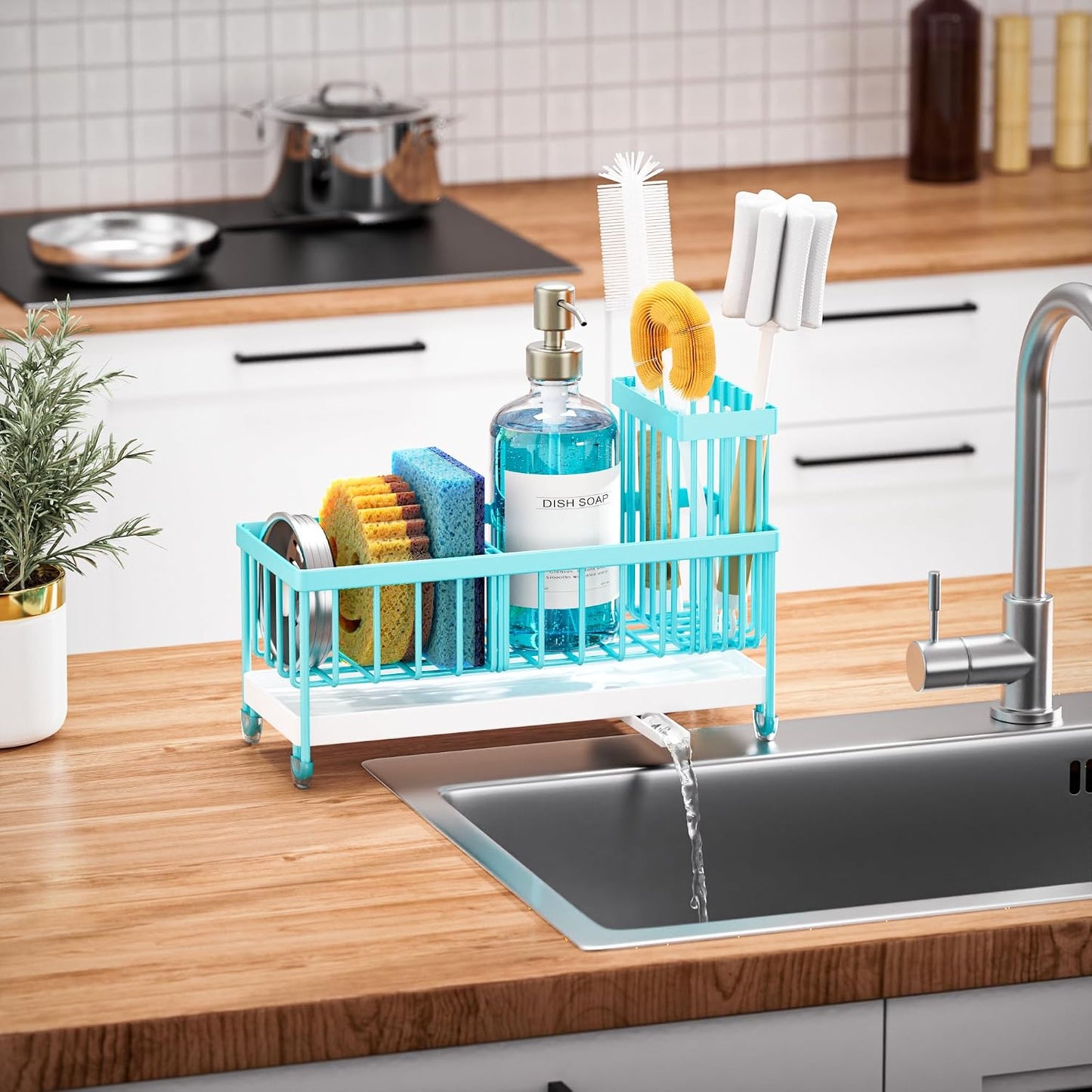Cisily Sponge Holder for Kitchen Sink, Sink Caddy Organizer with High Brush Holder, Kitchen Countertop Organizers and Storage Essentials, Rustproof 304 Stainless Steel (Yellow, 9.25″)