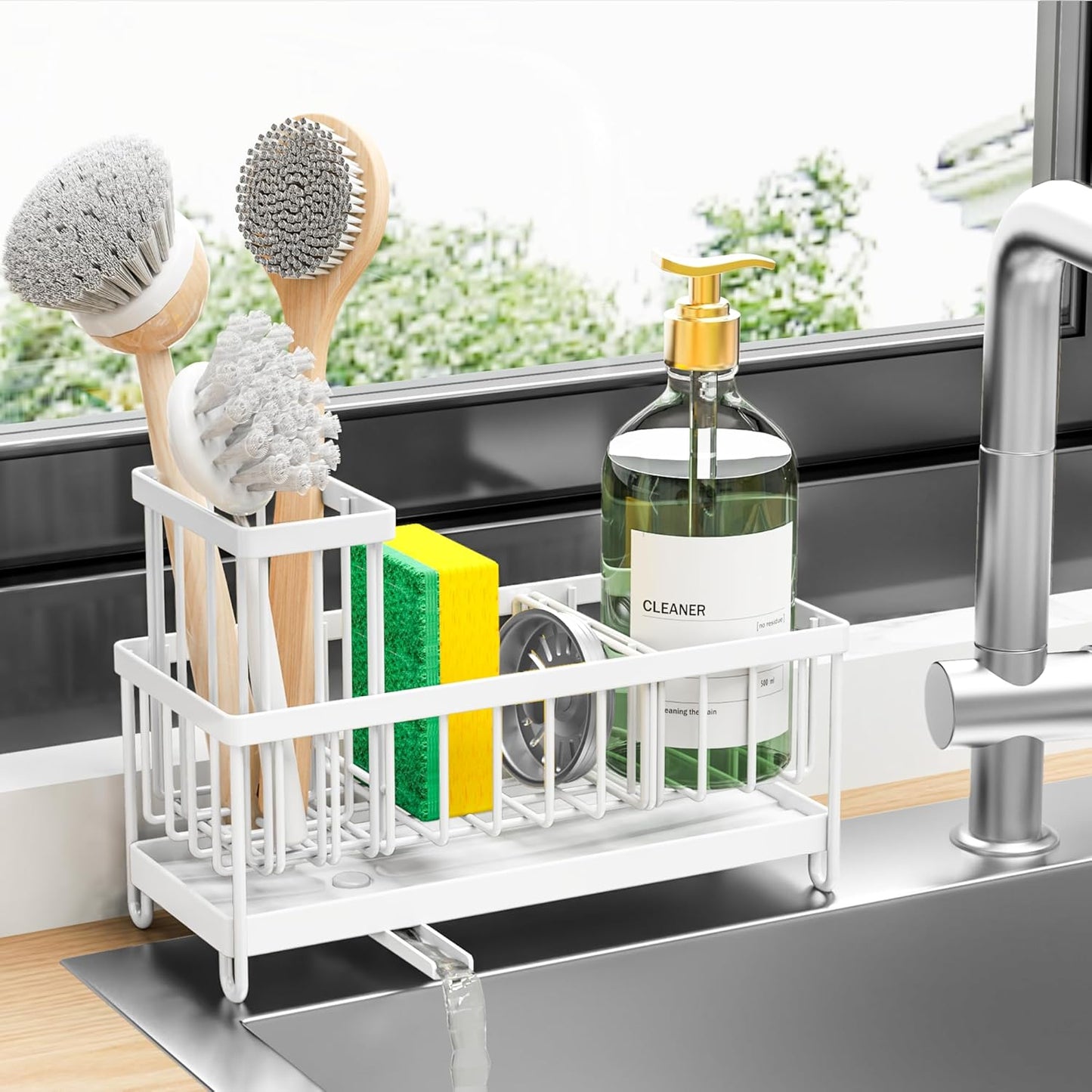 Cisily Sponge Holder for Kitchen Sink, Sink Caddy Organizer with High Brush Holder, Kitchen Countertop Organizers and Storage Essentials, Rustproof 304 Stainless Steel (Yellow, 9.25″)