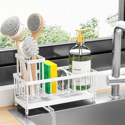 Cisily Sponge Holder for Kitchen Sink, Sink Caddy Organizer with High Brush Holder, Kitchen Countertop Organizers and Storage Essentials, Rustproof 304 Stainless Steel (Yellow, 9.25″)