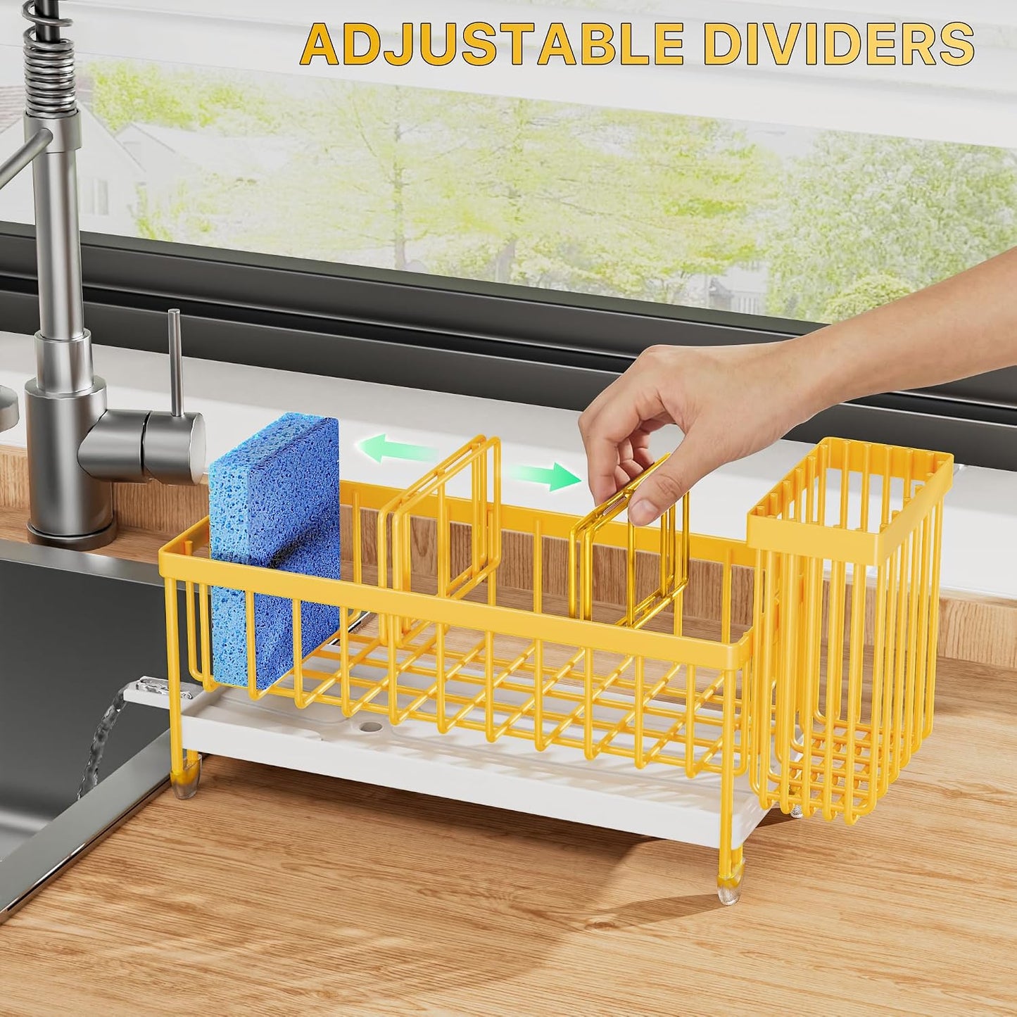 Cisily Sponge Holder for Kitchen Sink, Sink Caddy Organizer with High Brush Holder, Kitchen Countertop Organizers and Storage Essentials, Rustproof 304 Stainless Steel (Yellow, 9.25″)