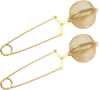 Snap Tea Ball Infuser with Handle; Premium Stainless Steel Fine Mesh Screen Tea Strainer Filters Colander Cullender Sieve Infusion Steeper Maker for Loose Leaf Tea Herbs, 2 Pieces, Golden