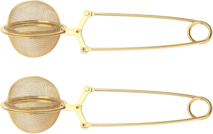 Snap Tea Ball Infuser with Handle; Premium Stainless Steel Fine Mesh Screen Tea Strainer Filters Colander Cullender Sieve Infusion Steeper Maker for Loose Leaf Tea Herbs, 2 Pieces, Golden