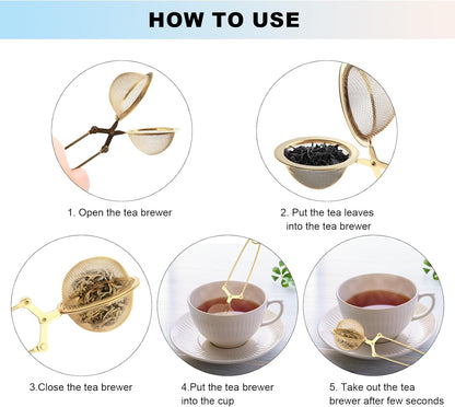 Snap Tea Ball Infuser with Handle; Premium Stainless Steel Fine Mesh Screen Tea Strainer Filters Colander Cullender Sieve Infusion Steeper Maker for Loose Leaf Tea Herbs, 2 Pieces, Golden