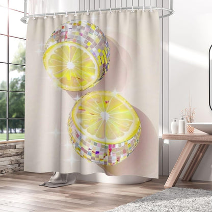 Lemon Disco Ball Shower Curtain Set for Bathroom Plant Design Yellow Aesthetic Lemons Shower Curtains Modern Bathroom Decoration Waterproof Washable Fabric with 12 Hooks 72"×72"