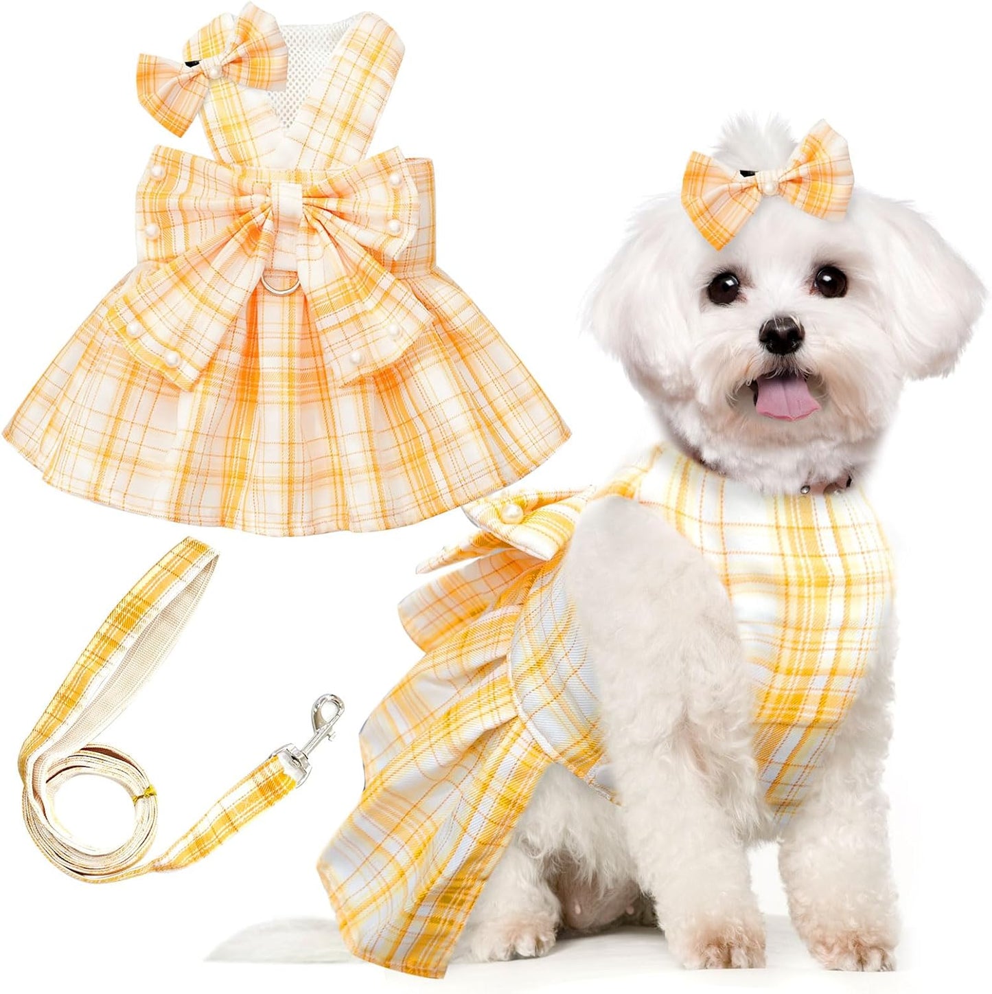 Cute Dog Dress Clothes for Small Dogs Cats Girl Female Yellow Plaid Bow Tie Dog Harness Dresses Leash Set with Pearls Bow Accessories Birthday Puppy Dress Shih Tzu Yorkies Chihuahua Outfits