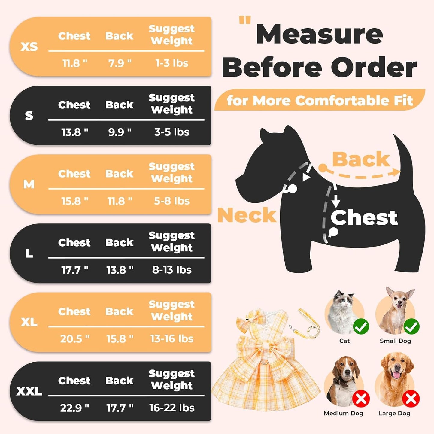 Cute Dog Dress Clothes for Small Dogs Cats Girl Female Yellow Plaid Bow Tie Dog Harness Dresses Leash Set with Pearls Bow Accessories Birthday Puppy Dress Shih Tzu Yorkies Chihuahua Outfits