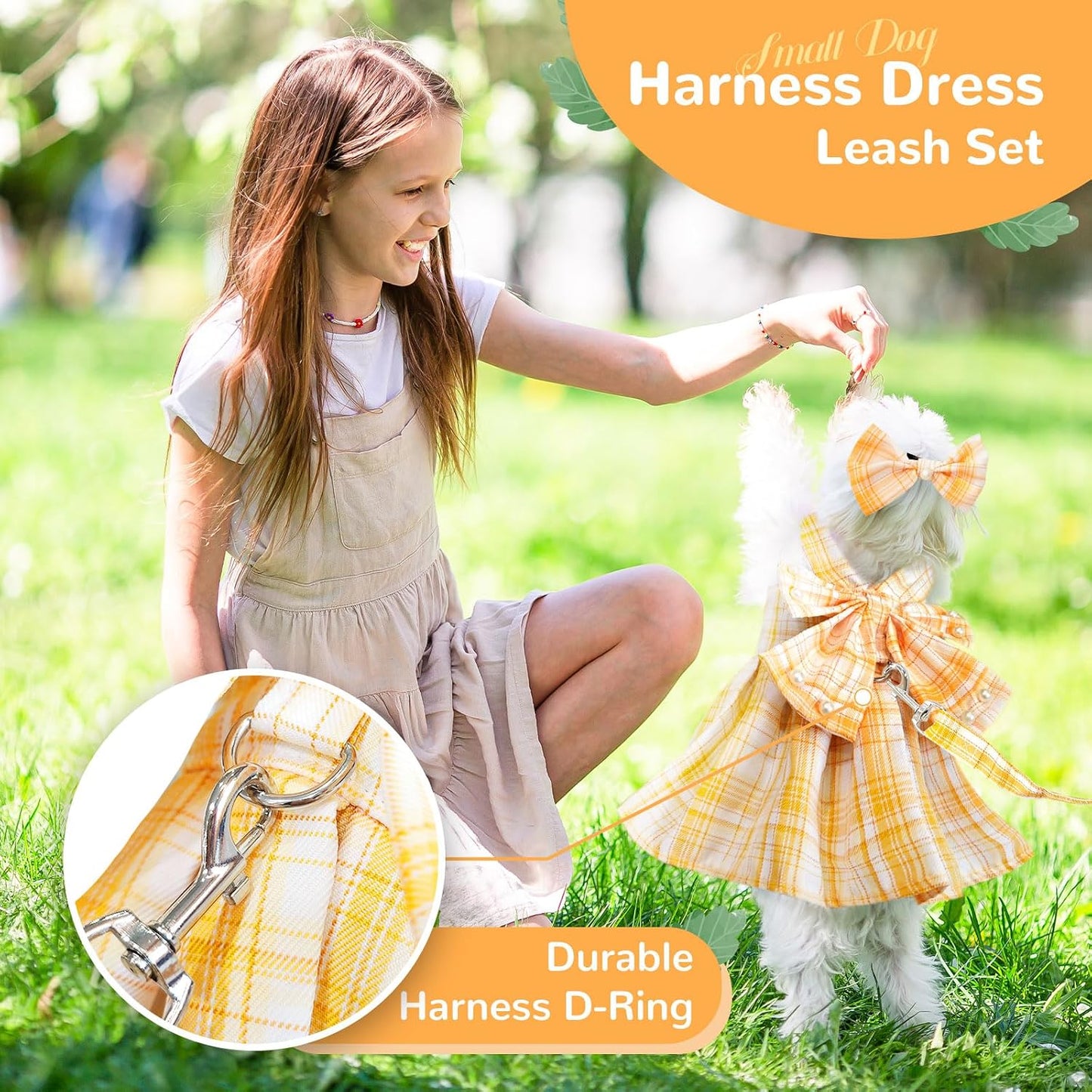 Cute Dog Dress Clothes for Small Dogs Cats Girl Female Yellow Plaid Bow Tie Dog Harness Dresses Leash Set with Pearls Bow Accessories Birthday Puppy Dress Shih Tzu Yorkies Chihuahua Outfits