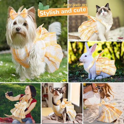Cute Dog Dress Clothes for Small Dogs Cats Girl Female Yellow Plaid Bow Tie Dog Harness Dresses Leash Set with Pearls Bow Accessories Birthday Puppy Dress Shih Tzu Yorkies Chihuahua Outfits