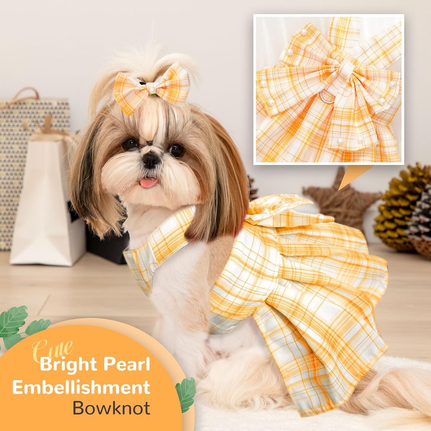 Cute Dog Dress Clothes for Small Dogs Cats Girl Female Yellow Plaid Bow Tie Dog Harness Dresses Leash Set with Pearls Bow Accessories Birthday Puppy Dress Shih Tzu Yorkies Chihuahua Outfits