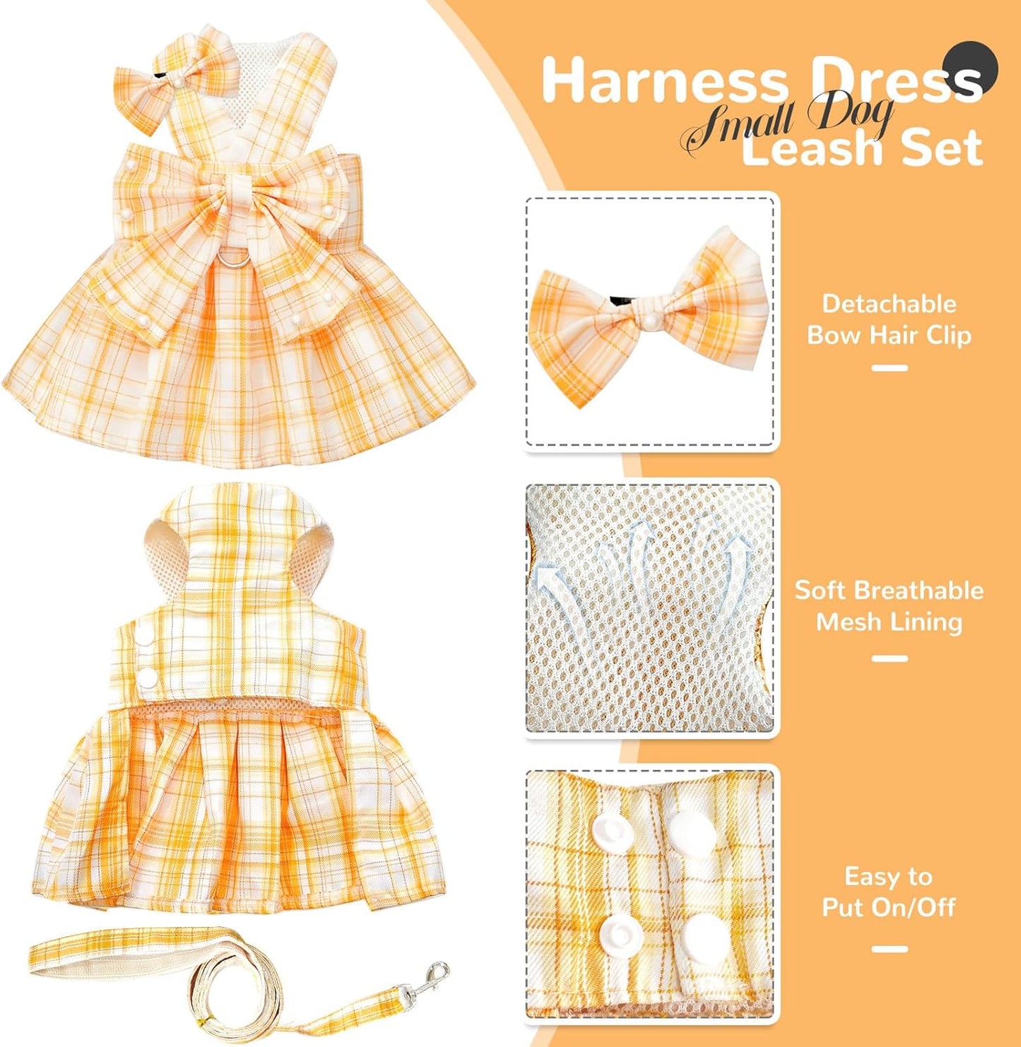 Cute Dog Dress Clothes for Small Dogs Cats Girl Female Yellow Plaid Bow Tie Dog Harness Dresses Leash Set with Pearls Bow Accessories Birthday Puppy Dress Shih Tzu Yorkies Chihuahua Outfits