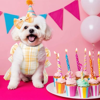 Cute Dog Dress Clothes for Small Dogs Cats Girl Female Yellow Plaid Bow Tie Dog Harness Dresses Leash Set with Pearls Bow Accessories Birthday Puppy Dress Shih Tzu Yorkies Chihuahua Outfits