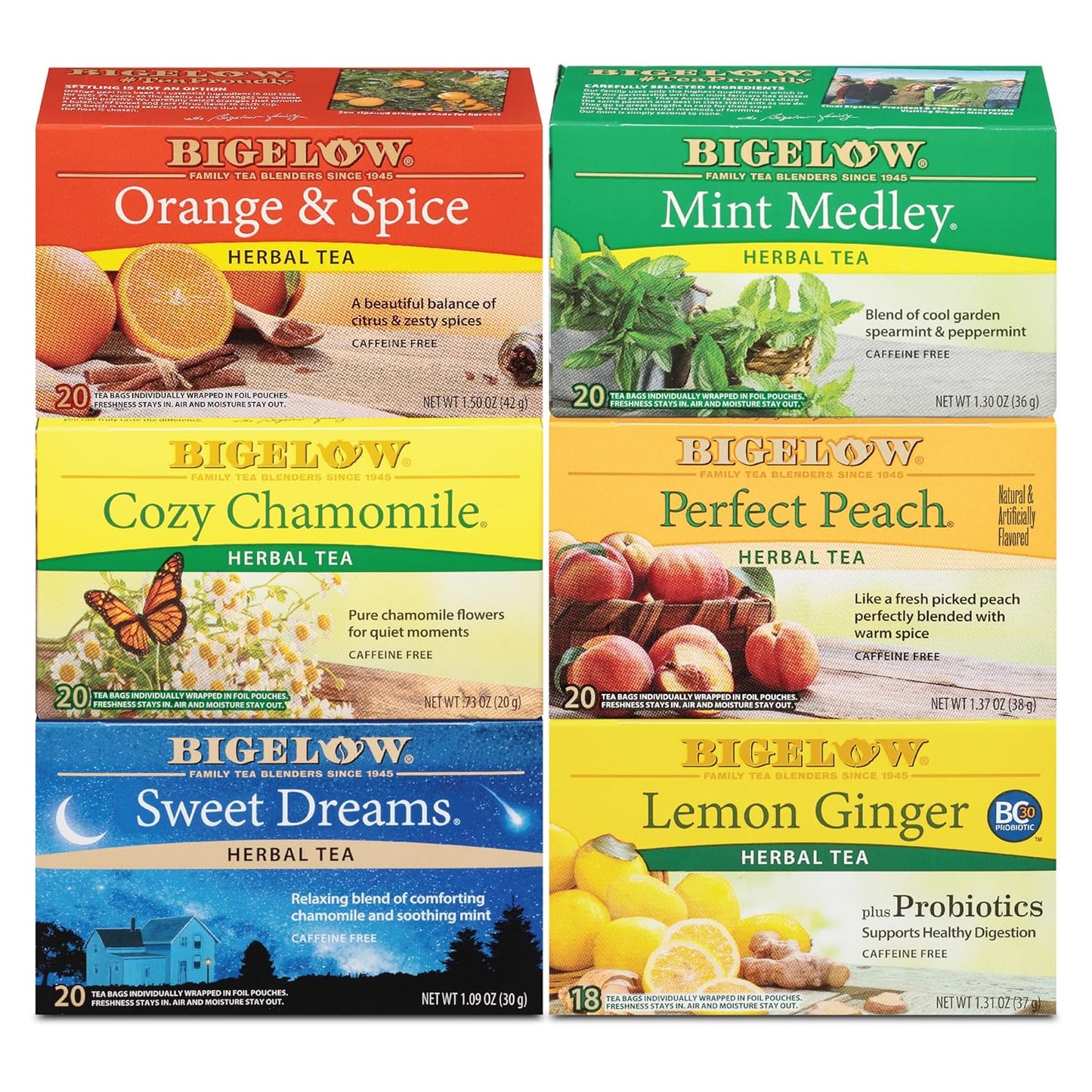 Tea Caffeine Free 6 Flavor Herbal Tea Variety Pack, Decaf Tea with Mint Medley, Cozy Chamomile, Orange and Spice, Sweet Dreams, Perfect Peach, and Lemon Ginger, (Pack of 6), 118 Total Tea Bags