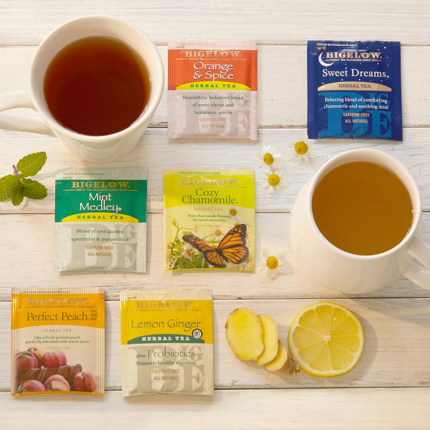Tea Caffeine Free 6 Flavor Herbal Tea Variety Pack, Decaf Tea with Mint Medley, Cozy Chamomile, Orange and Spice, Sweet Dreams, Perfect Peach, and Lemon Ginger, (Pack of 6), 118 Total Tea Bags