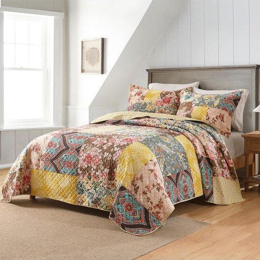 Cotton Bedspread Quilt Sets Reversible Bedding Coverlet Sets Luxury Vintage Rustic Gorgeous Paisley Floral Yellow Real Patchwork Bedspread, Queen Size