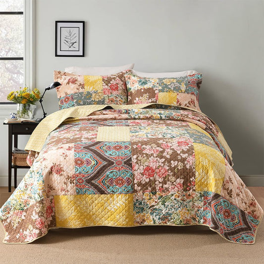Cotton Bedspread Quilt Sets Reversible Bedding Coverlet Sets Luxury Vintage Rustic Gorgeous Paisley Floral Yellow Real Patchwork Bedspread, Queen Size