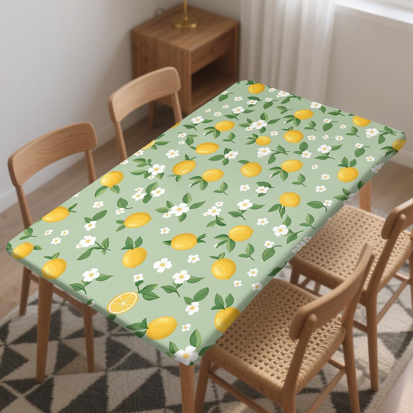 Rectangle Wipeable Tablecloth with Elastic, Fitted Waterproof Outdoor Tablecloth for 6 Foot Rectangle Tables, Picnic, Camping, 30"x72", Cute Lemon