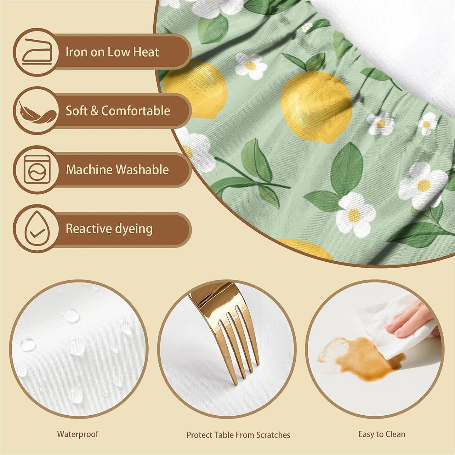 Rectangle Wipeable Tablecloth with Elastic, Fitted Waterproof Outdoor Tablecloth for 6 Foot Rectangle Tables, Picnic, Camping, 30"x72", Cute Lemon
